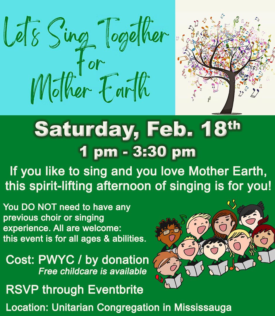 Poster for "Let's Sing Together for Mother Earth" Event, Saturday, Feb. 18th, 1pm - 2:30pm